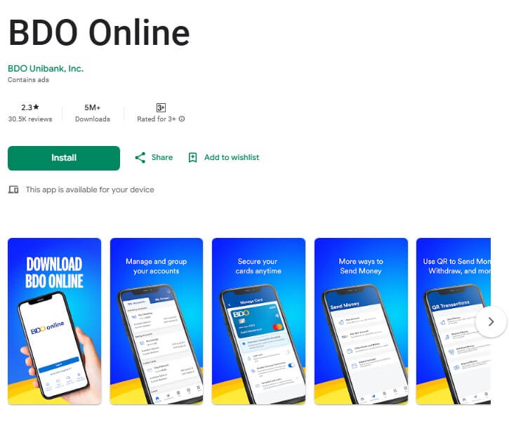 Screenshot of the BDO Online mobile banking app on the Google Play Store, showing the app name, "BDO Unibank, Inc." as the developer, its low 2.3-star rating, and preview images of the app's features like managing accounts, securing cards, and sending money.