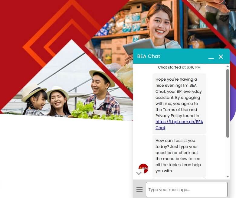 A screenshot of the BPI BEA Chatbot interface overlaying a background image of people in an agricultural setting. The chat window displays the welcome message from 'BEA Chat, your BPI everyday assistant,' and a text box for the user to type a message