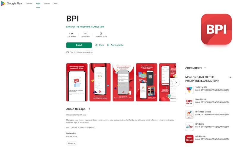 A screenshot of the BPI (Bank of the Philippine Islands) mobile application page on the Google Play Store, showing the app icon, title, ratings, 'Install' button, and promotional screenshots of the app's features