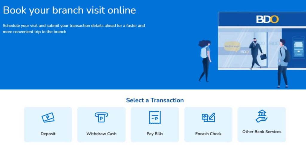 An illustration from a BDO bank website showing the "Book your branch visit online" feature. The page prompts the user to "Select a Transaction" from five options represented by icons and text: Deposit, Withdraw Cash, Pay Bills, Encash Check, and Other Bank Services.