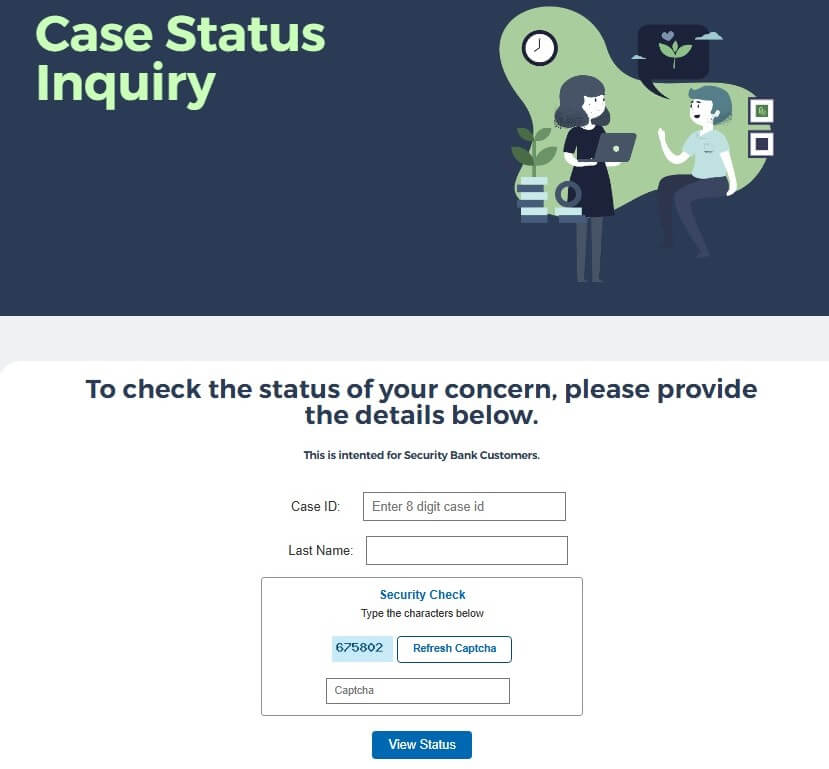 A screenshot of an online "Case Status Inquiry" form on a dark blue background, requiring the user to enter a Case ID, Last Name, and complete a Captcha security check (showing the code 675802) before clicking the blue "View Status" button
