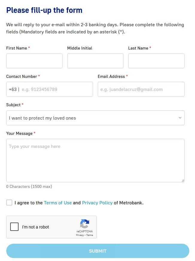 A contact form with the heading "Please fill-up the form," showing fields for Name, Contact Number, Email Address, Subject, and a message box
