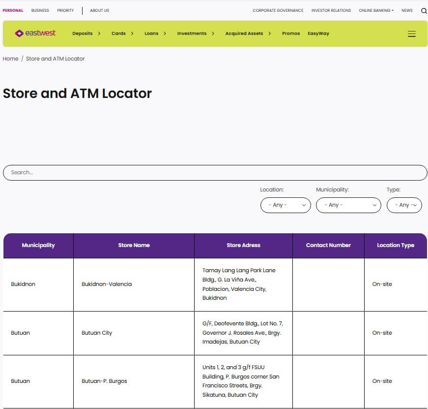 EastWest Bank Store and ATM Locator