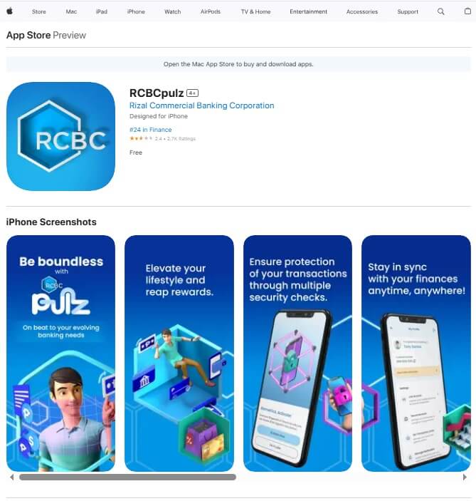 App Store Preview for the RCBCpulz application, showing the app icon and four iPhone screenshots highlighting features like boundless banking, rewards, transaction protection, and staying in sync with finances