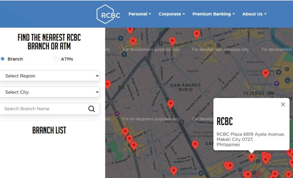 RCBC bank website page showing a branch locator map with red pins, a search form to 'Find the Nearest RCBC Branch or ATM,' and a pop-up detail box for 'RCBC Plaza' in Makati City