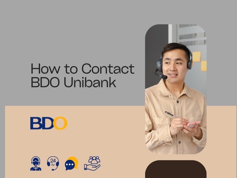 Cover image for an article titled 'How to Contact BDO Unibank,' featuring the BDO logo, icons for 24-hour service and customer support, and a smiling male customer service agent wearing a headset and holding a pen.