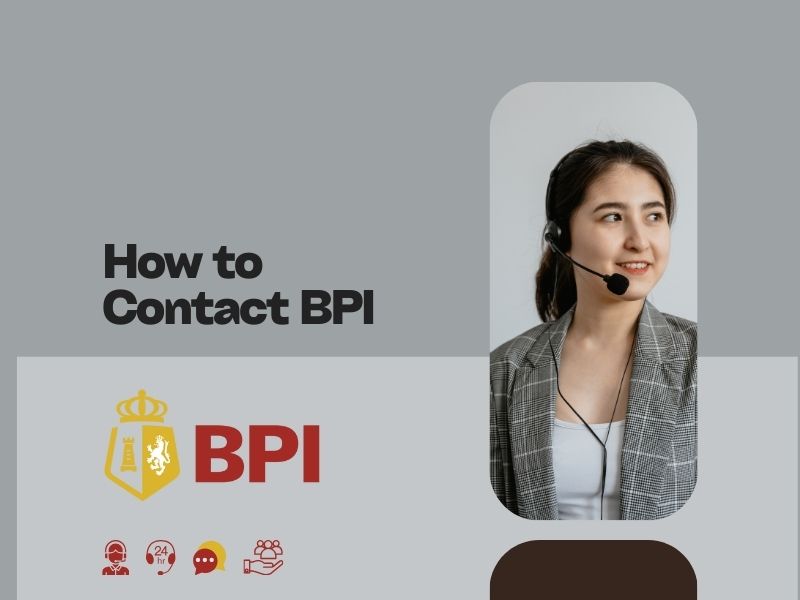 A graphic titled 'How to Contact BPI' featuring a young woman wearing a headset and smiling, next to the red and gold BPI logo. Small icons for customer service are at the bottom