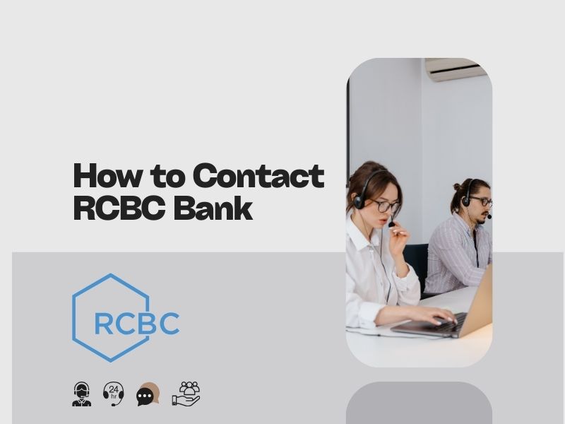 How to Contact RCBC Bank" title card with the RCBC logo and two customer service agents wearing headsets and working on laptops