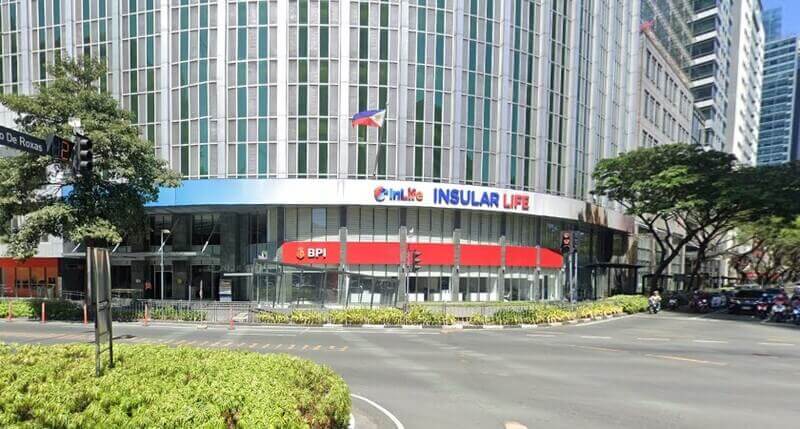 Exterior view of the BPI Ayala Insular branch located at the corner of Ayala Avenue and Paseo de Roxas in Makati City