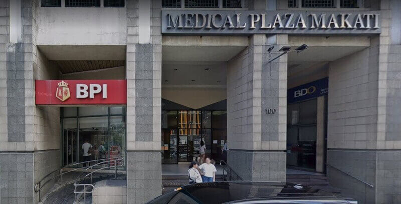 Exterior entrance of Medical Plaza Makati building featuring a BPI bank branch on the left and a BDO branch on the right