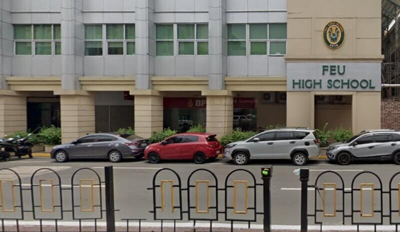 Street-level view of the BPI branch located at the FEU High School building in Morayta, featuring cars parked along the curb