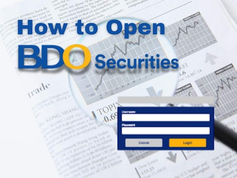 Graphic with text "How to Open BDO Securities" overlaid on a financial newspaper and stock market charts
