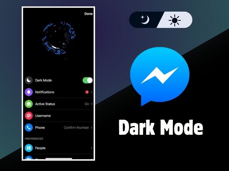 A split-screen graphic showcasing Facebook Messenger dark mode feature