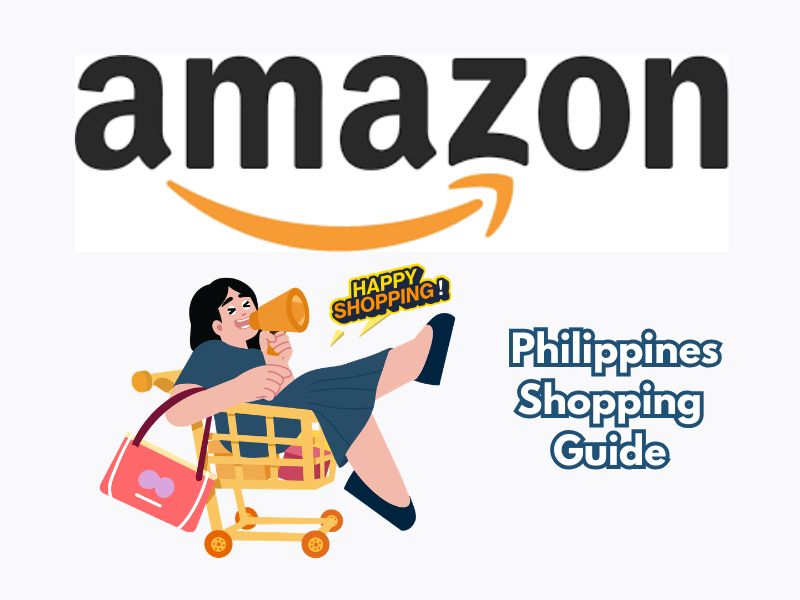 featuring the Amazon logo with its orange arrow, an illustration of a cheerful woman sitting in a shopping cart shouting into a megaphone with a "Happy Shopping!"