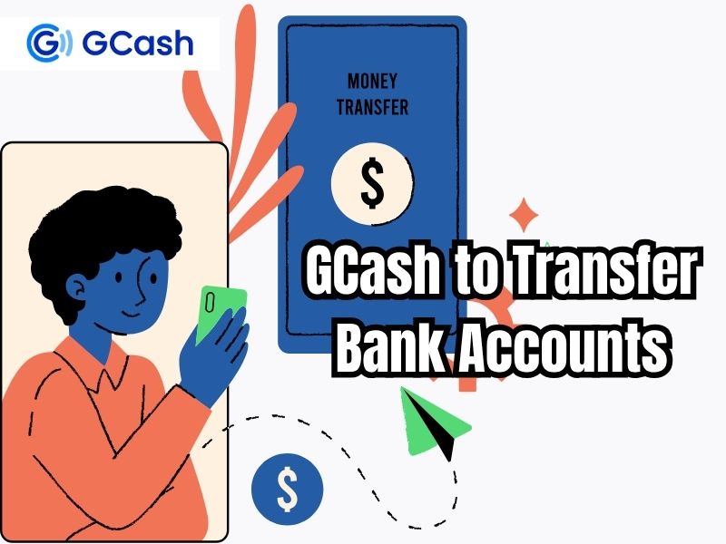 An illustration of a person using a smartphone next to a digital wallet showing a money transfer, featuring the GCash logo and the text 'GCash to Transfer Bank Accounts