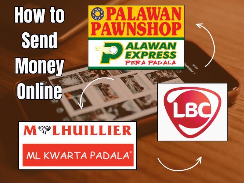 Graphic titled "How to Send Money Online" with logos for Palawan Pawnshop / Palawan Express Pera Padala, M Lhuillier ML Kwarta Padala, and LBC superimposed over a smartphone screen.