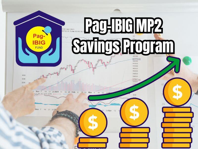"Program Tabungan Pag-IBIG MP2" di kanan atas, dan sebuah panah hijau yang menunjuk ke atas membentang di atas tumpukan koin dolar emas yang terus bertambah.
