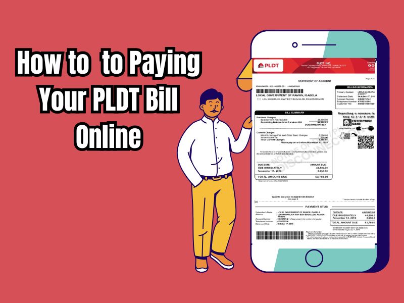 Graphic guide on how to pay a PLDT bill online, showing a man next to a smartphone displaying a PLDT billing statement