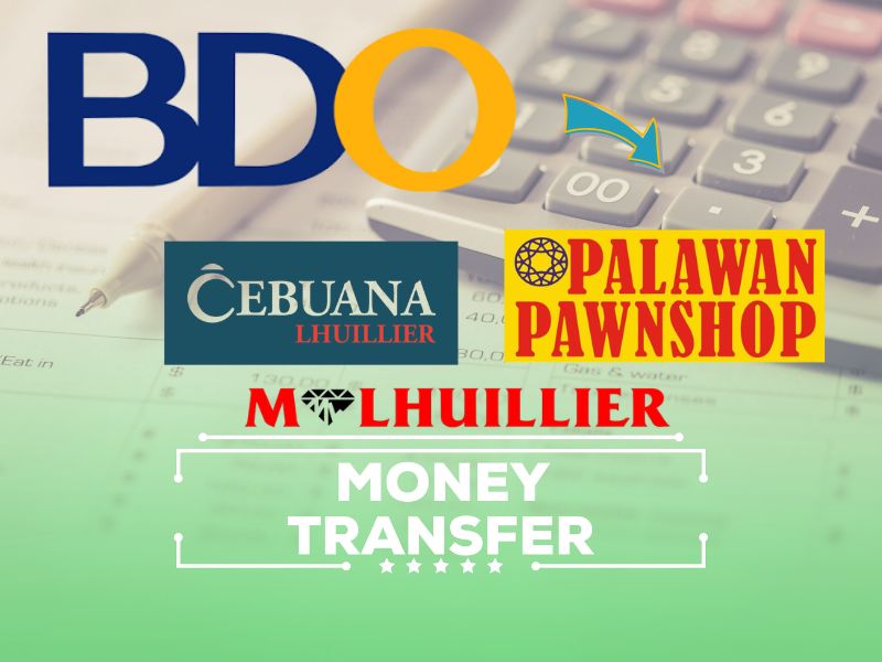 Graphics highlighting money transfer services, featuring the BDO logo prominently alongside the logos of Cebuana Lhuillier, Palawan Pawnshop, and M Lhuillier