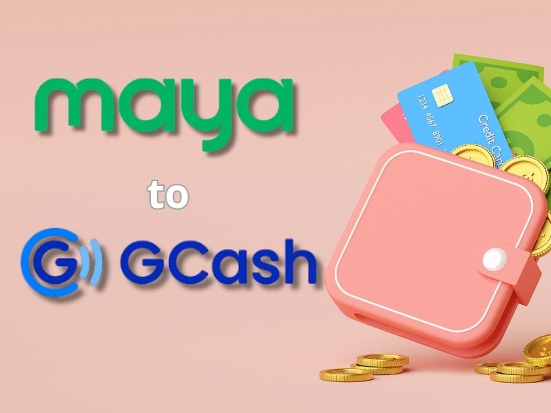 Maya to GCash logo text with a 3D illustration of a pink wallet, cash, and gold coins.