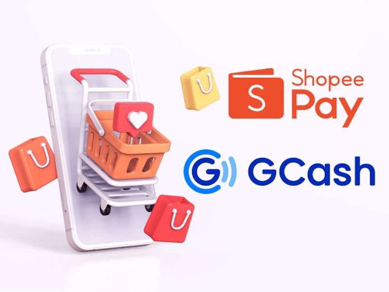 A 3D illustration of a smartphone with a shopping cart, floating shopping bags, and the official logos for ShopeePay and GCash on a white background.