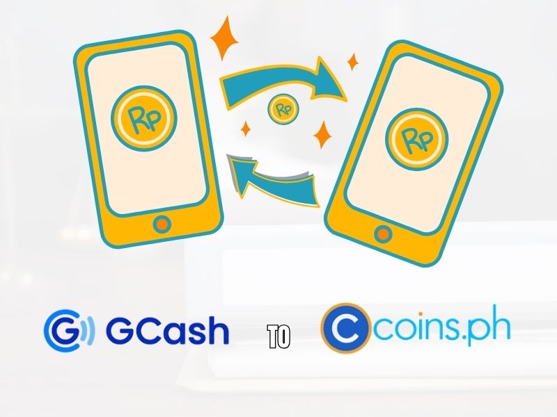 GCash to Coins.ph fund transfer illustration with mobile phone icons.