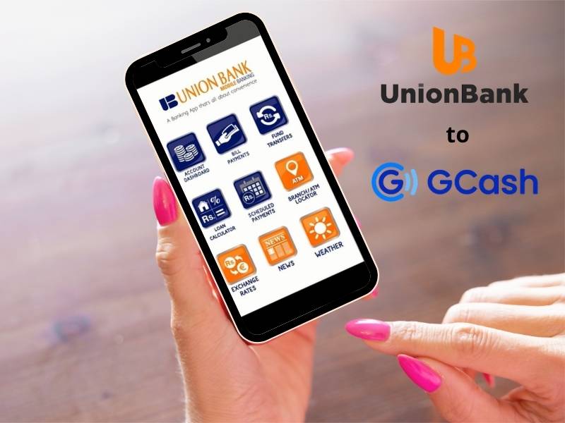 A person holding a smartphone displaying the UnionBank mobile banking app menu, next to the text "UnionBank to GCash" with both company logos.