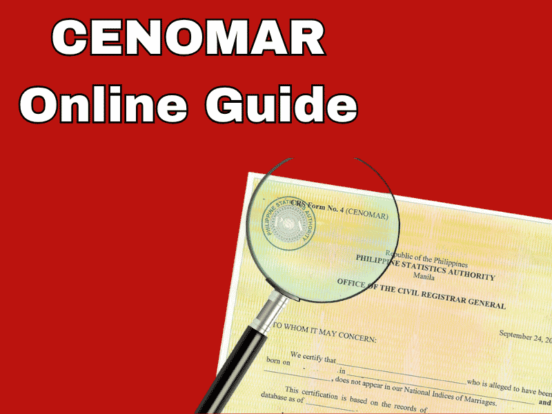 A graphic with a solid red background displaying the text "CENOMAR Online Guide" in bold white letters, with a magnifying glass pointed at the official Philippine Statistics Authority (PSA) CENOMAR document on the front.